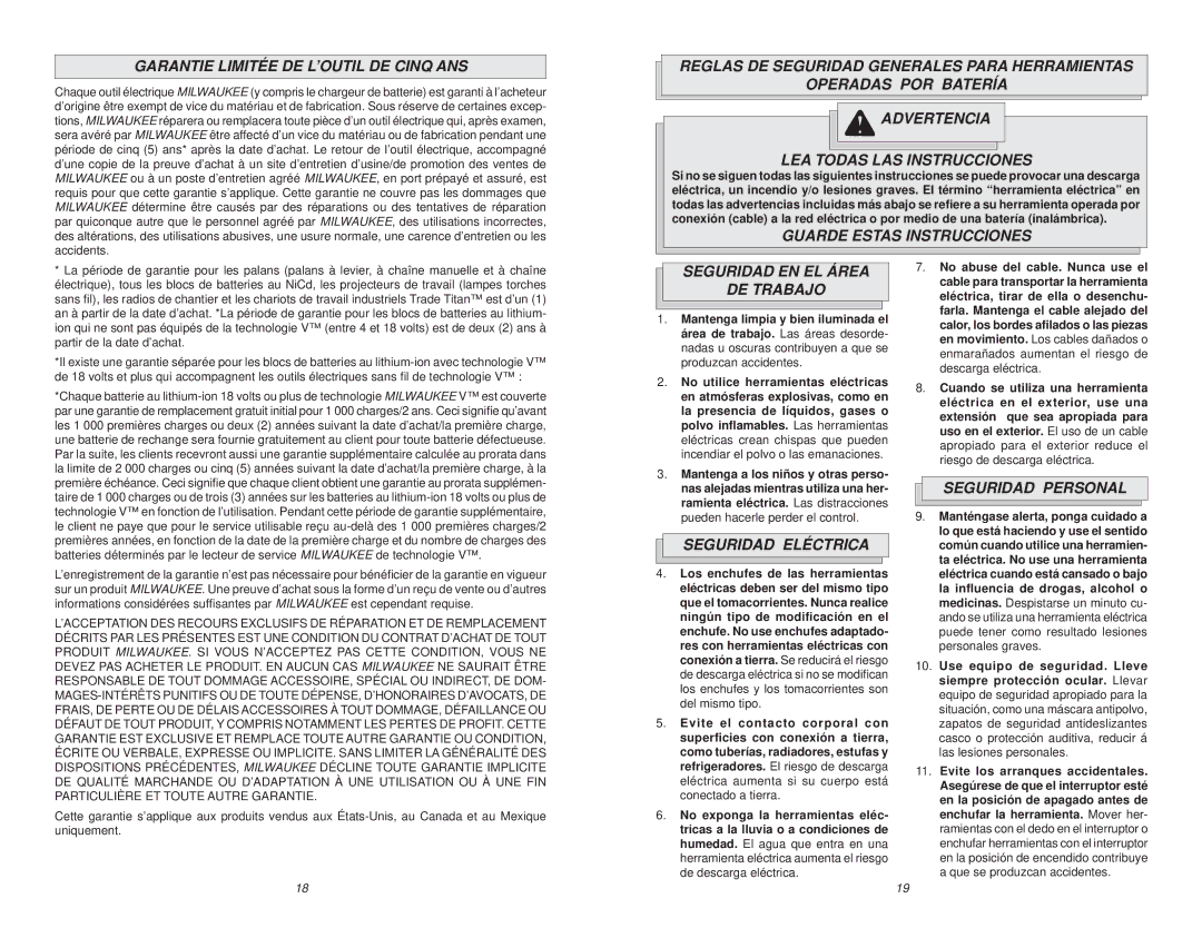 NEC 0799-20 manual Garantie Limitée DE L’OUTIL DE Cinq ANS, Guarde Estas Instrucciones, Seguridad EN EL Área DE Trabajo 