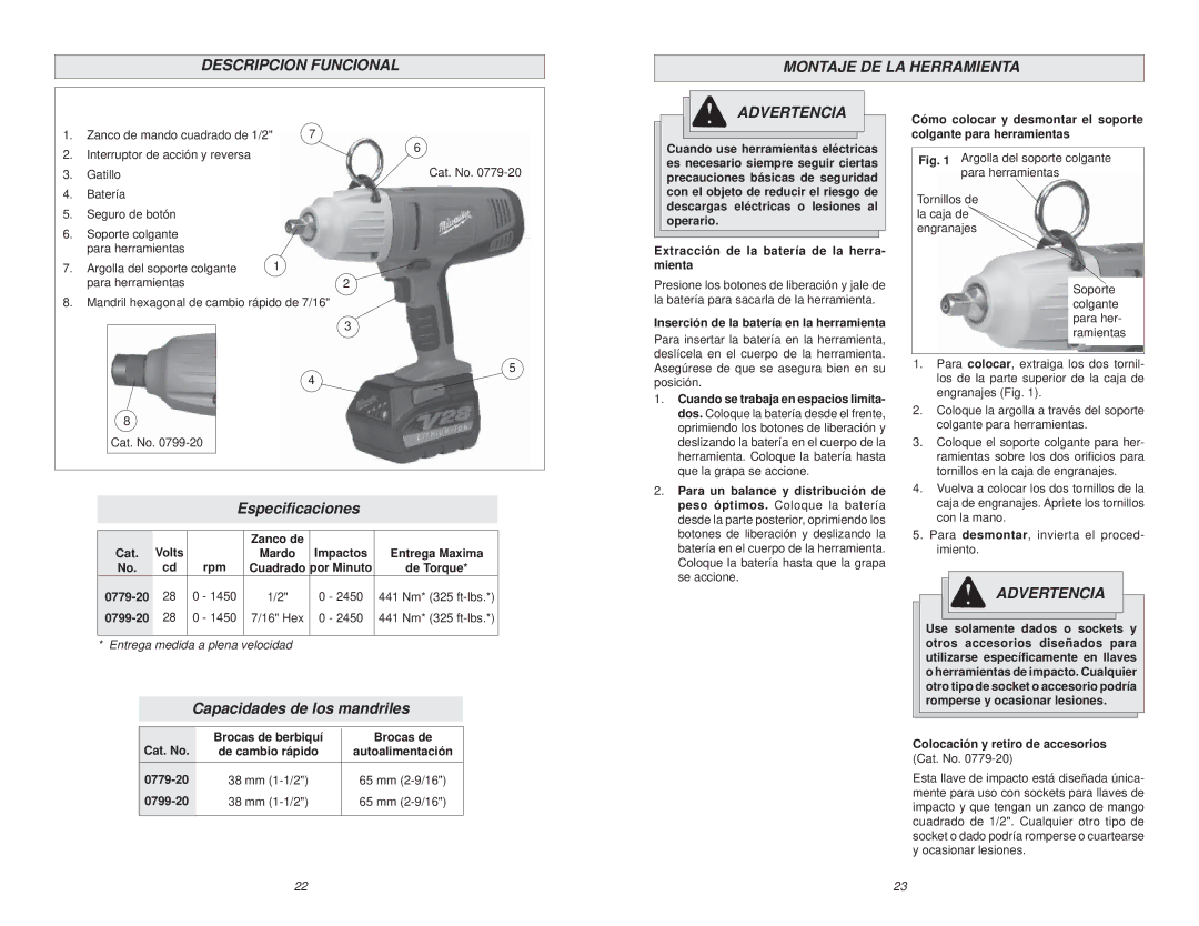 NEC 0799-20 manual Descripcion Funcional Montaje DE LA Herramienta, Especiﬁcaciones, Capacidades de los mandriles 