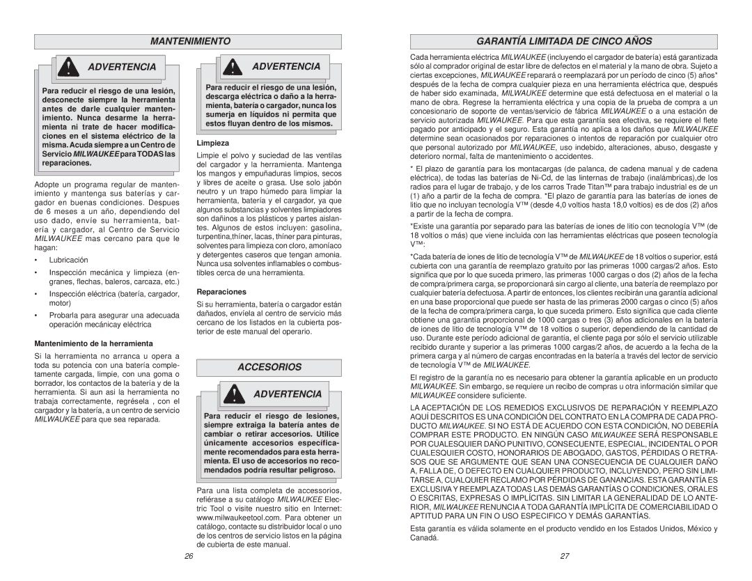 NEC 0799-20 Mantenimiento Garantía Limitada DE Cinco Años Advertencia, Accesorios Advertencia, Limpieza, Reparaciones 