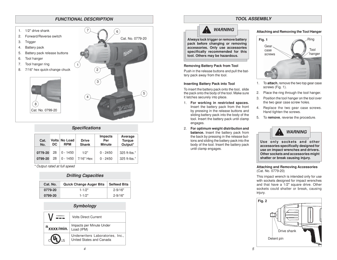 NEC 0799-20 manual Functional Description Tool Assembly, Speciﬁcations, Drilling Capacities, Symbology 