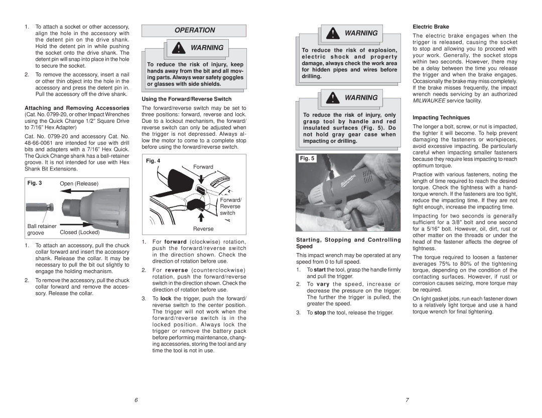 NEC 0799-20 manual Operation, Groove, Using the Forward/Reverse Switch, Electric Brake, Impacting Techniques 