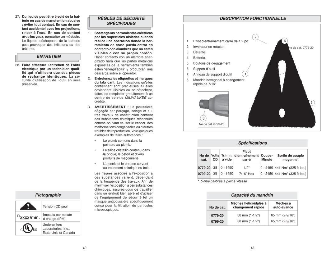 NEC 0799-20 manual Règles DE Sécurité Spécifiques Description Fonctionnelle, Entretien, Pictographie, Spéciﬁcations 