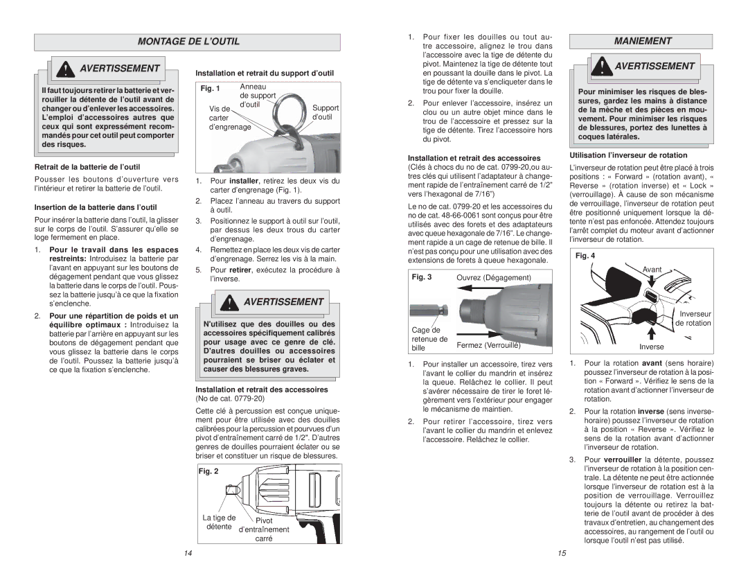 NEC 0799-20 manual Montage DE L’OUTIL, Maniement Avertissement 