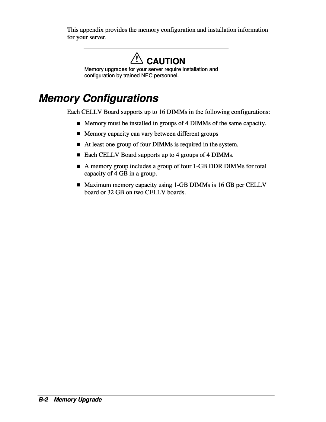 NEC 1080Xd manual Memory Configurations, B-2 Memory Upgrade 