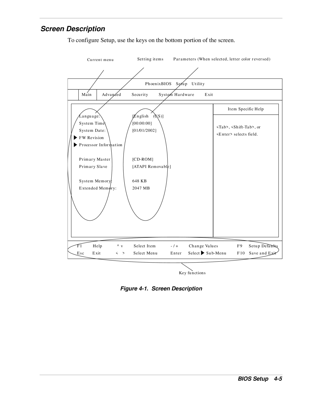 NEC 1080Xd manual Screen Description Bios Setup 