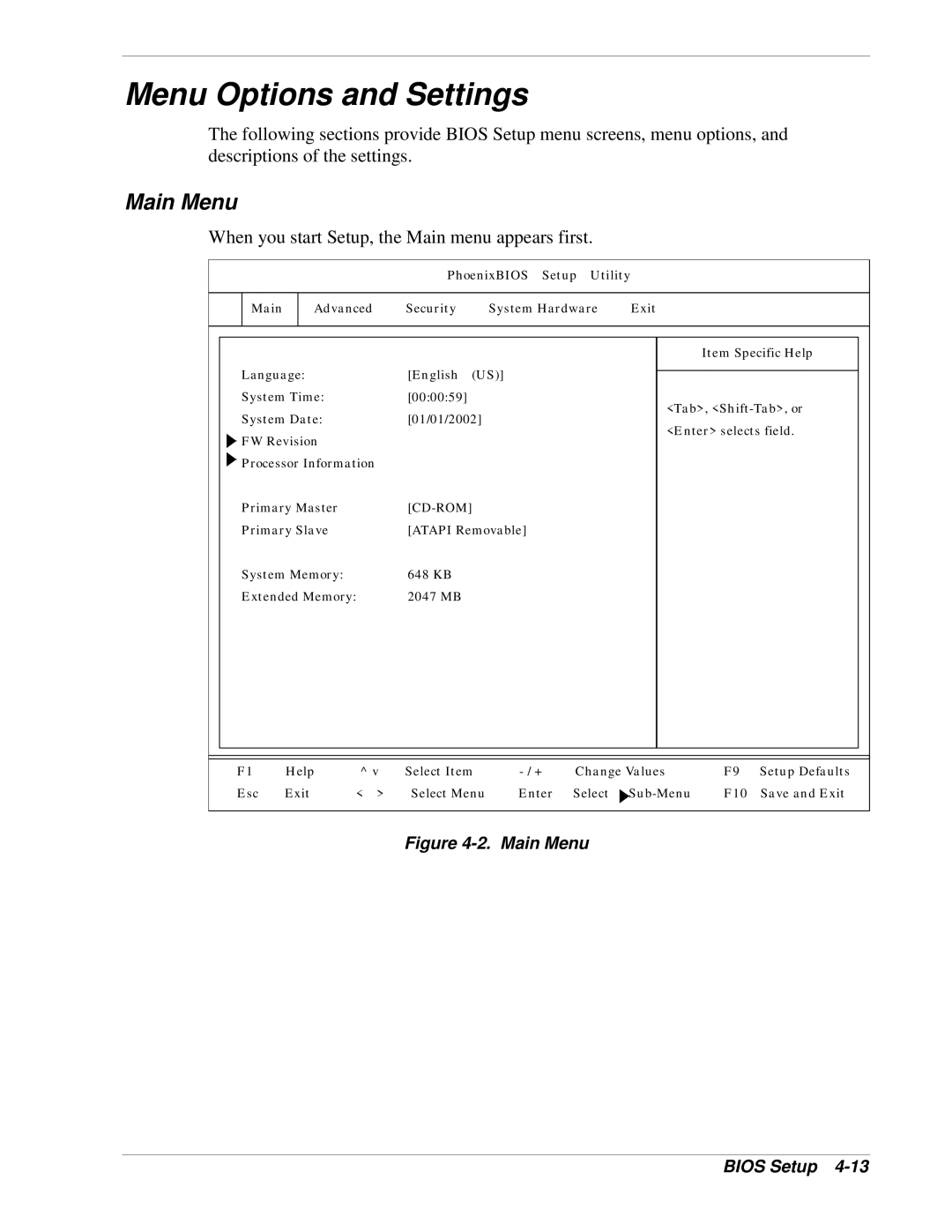 NEC 1080Xd manual Menu Options and Settings, Main Menu 