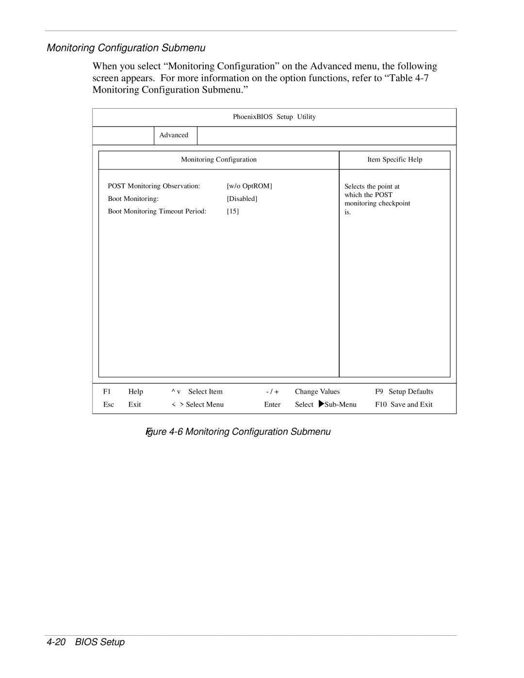 NEC 1080Xd manual Monitoring Configuration Submenu Bios Setup 