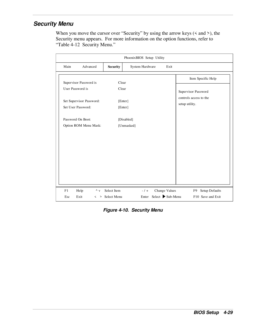 NEC 1080Xd manual Security Menu Bios Setup 