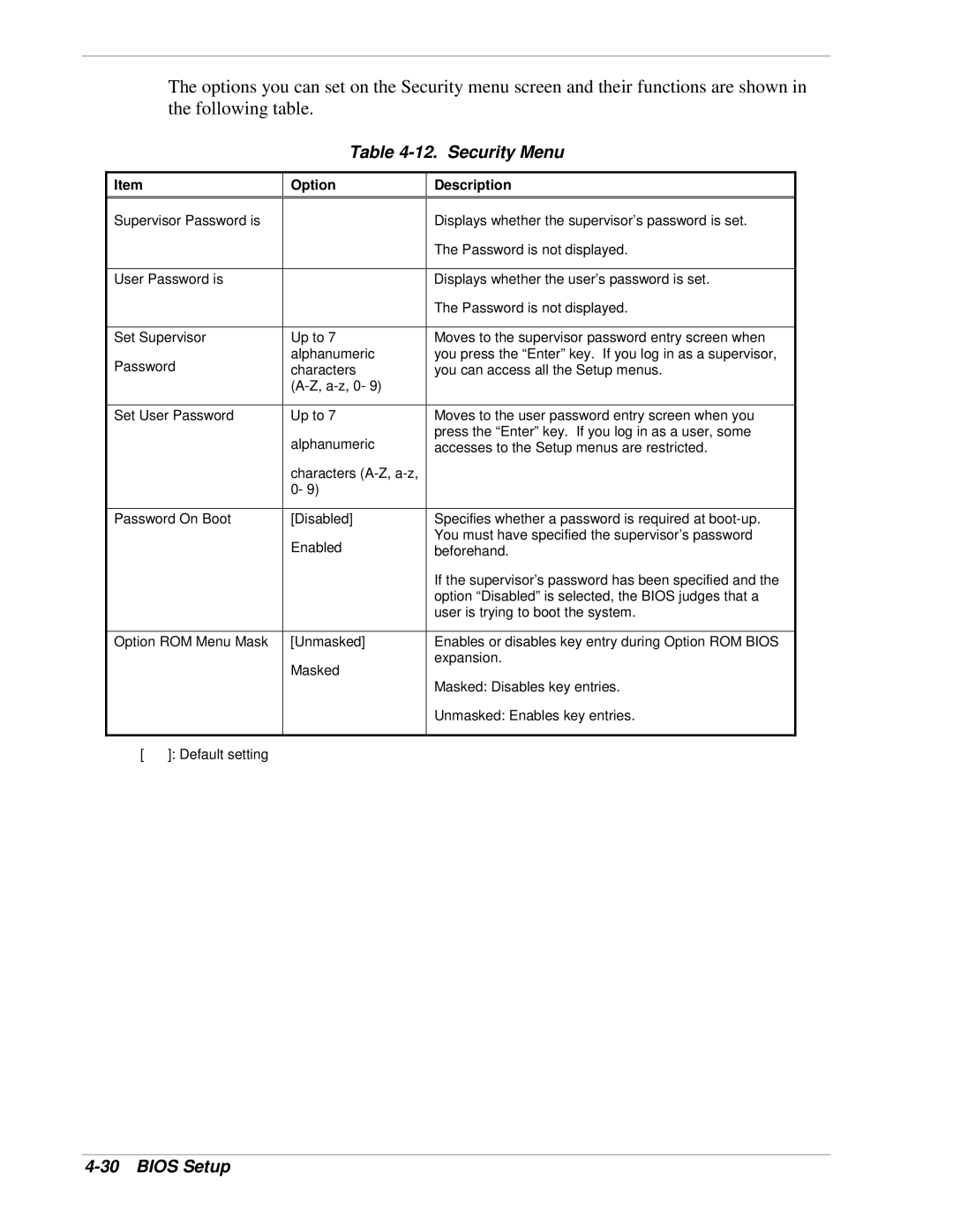 NEC 1080Xd manual Security Menu, Option Description 