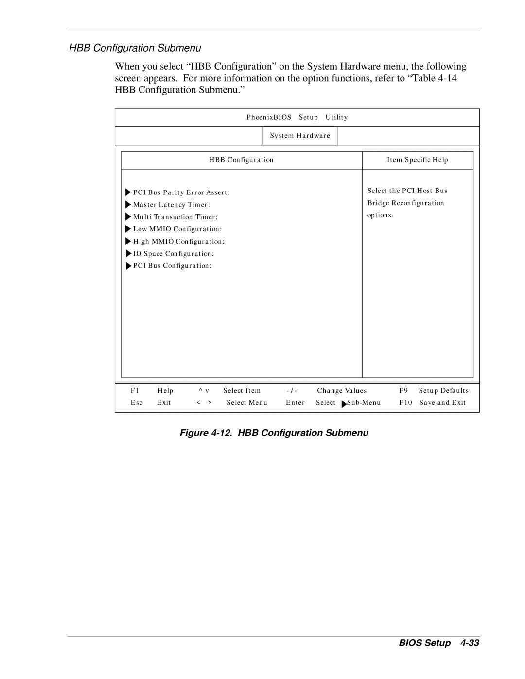 NEC 1080Xd manual HBB Configuration Submenu Bios Setup 