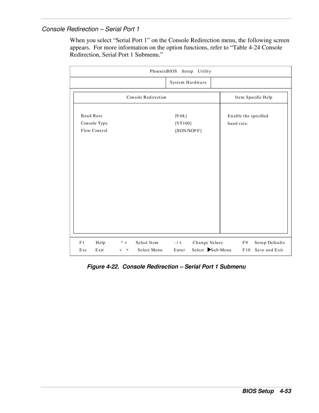 NEC 1080Xd manual Console Redirection Serial Port 1 Submenu Bios Setup 