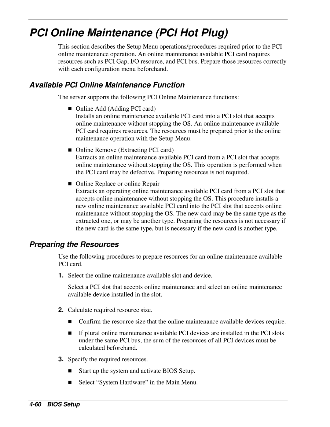 NEC 1080Xd manual PCI Online Maintenance PCI Hot Plug, Available PCI Online Maintenance Function, Preparing the Resources 