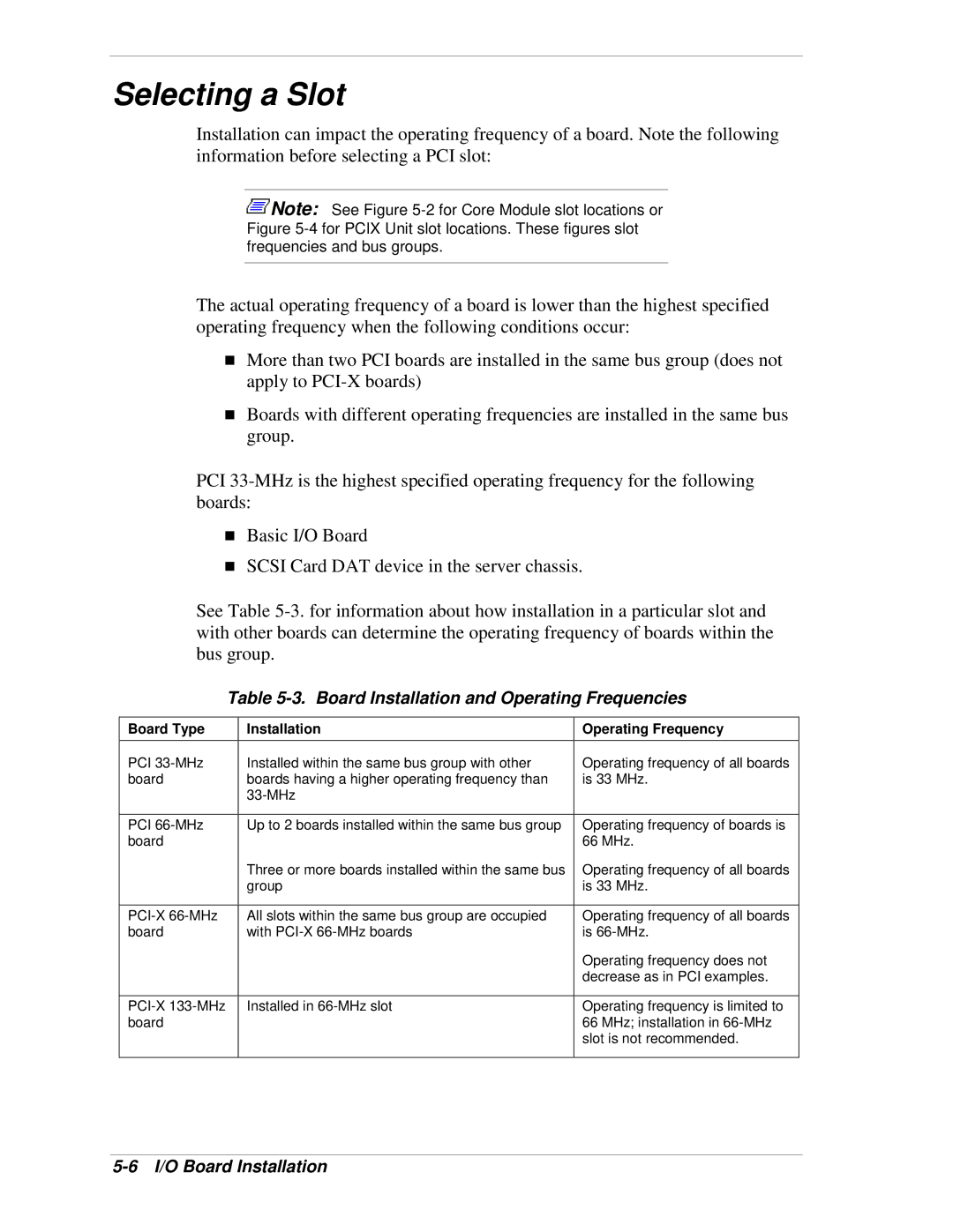 NEC 1080Xd Selecting a Slot, Board Installation and Operating Frequencies, Board Type Installation Operating Frequency 