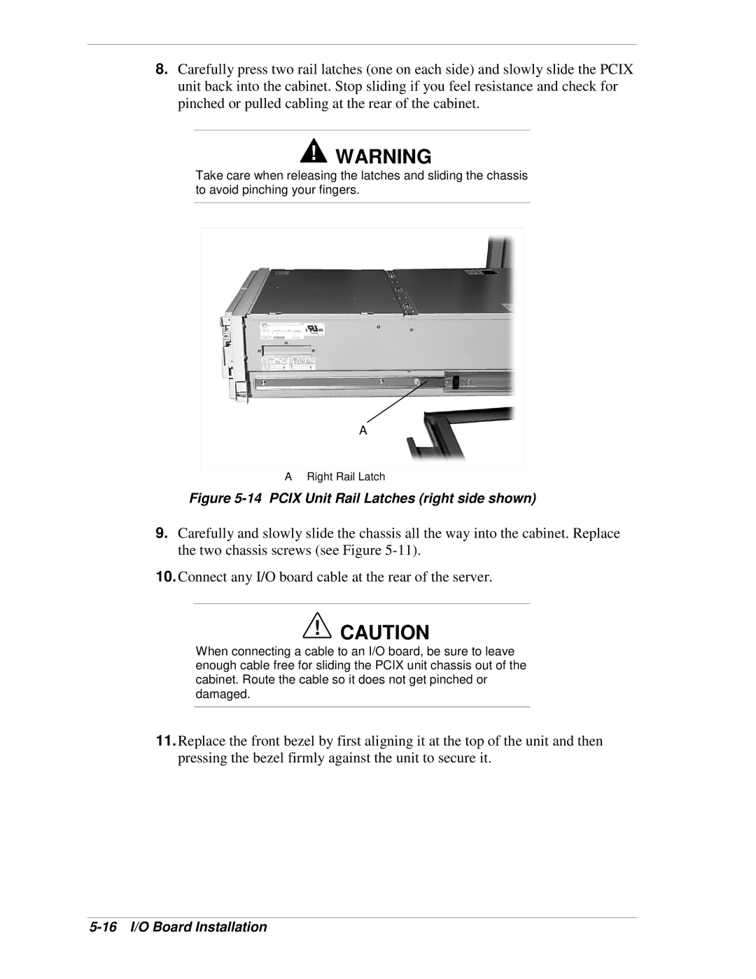 NEC 1080Xd manual Pcix Unit Rail Latches right side shown, 16 I/O Board Installation 