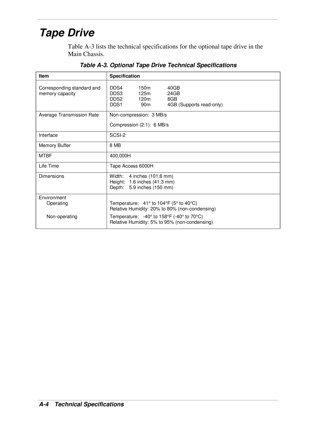 NEC 1080Xd manual Table A-3. Optional Tape Drive Technical Specifications 