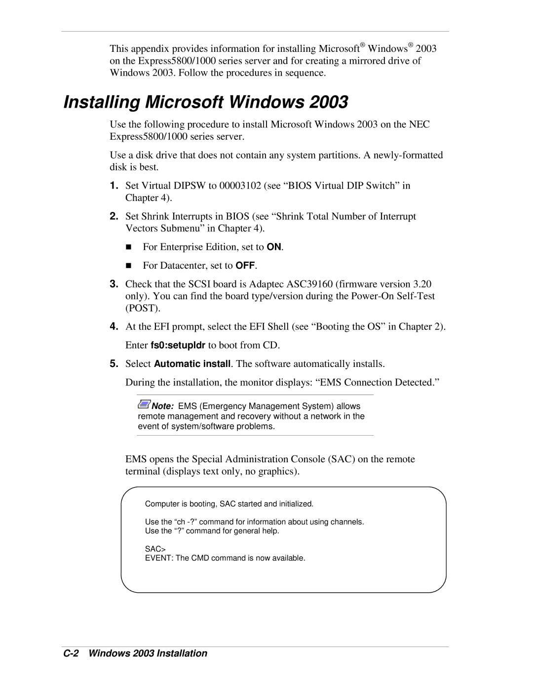 NEC 1080Xd manual Installing Microsoft Windows, Windows 2003 Installation, Sac 