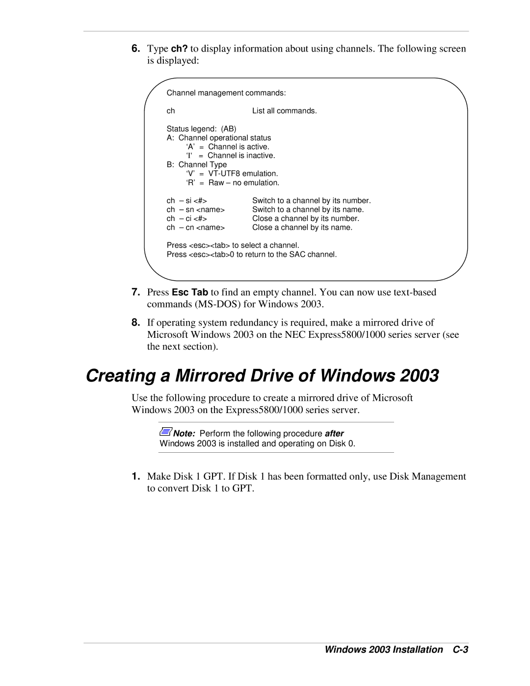 NEC 1080Xd manual Creating a Mirrored Drive of Windows, Windows 2003 Installation C-3 