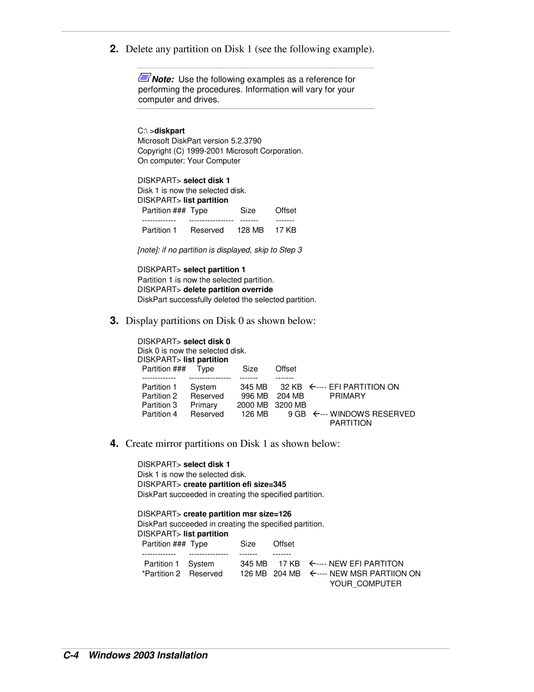 NEC 1080Xd manual diskpart, Diskpart select disk, Diskpart list partition, Diskpart select partition 