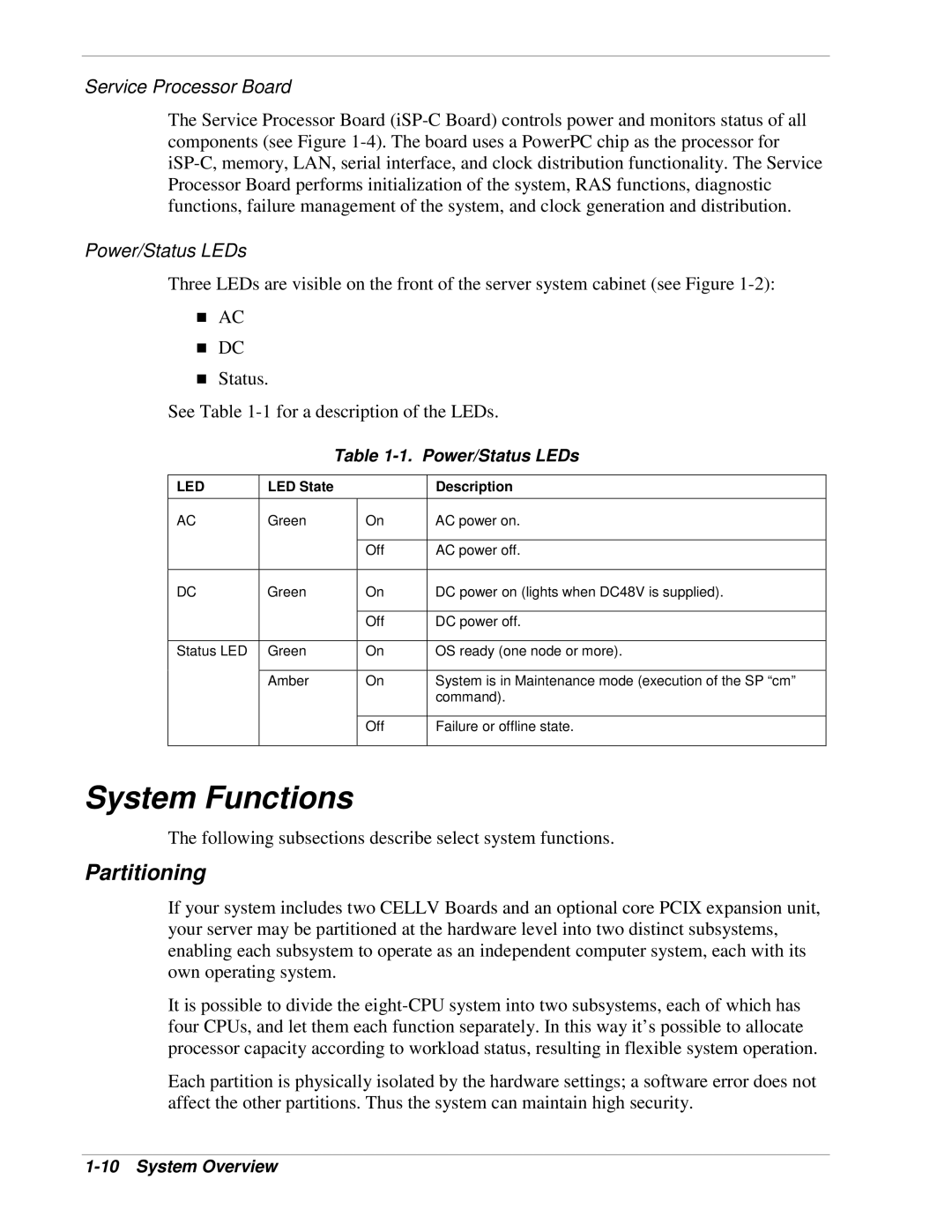 NEC 1080Xd manual System Functions, Partitioning, Service Processor Board, Power/Status LEDs 