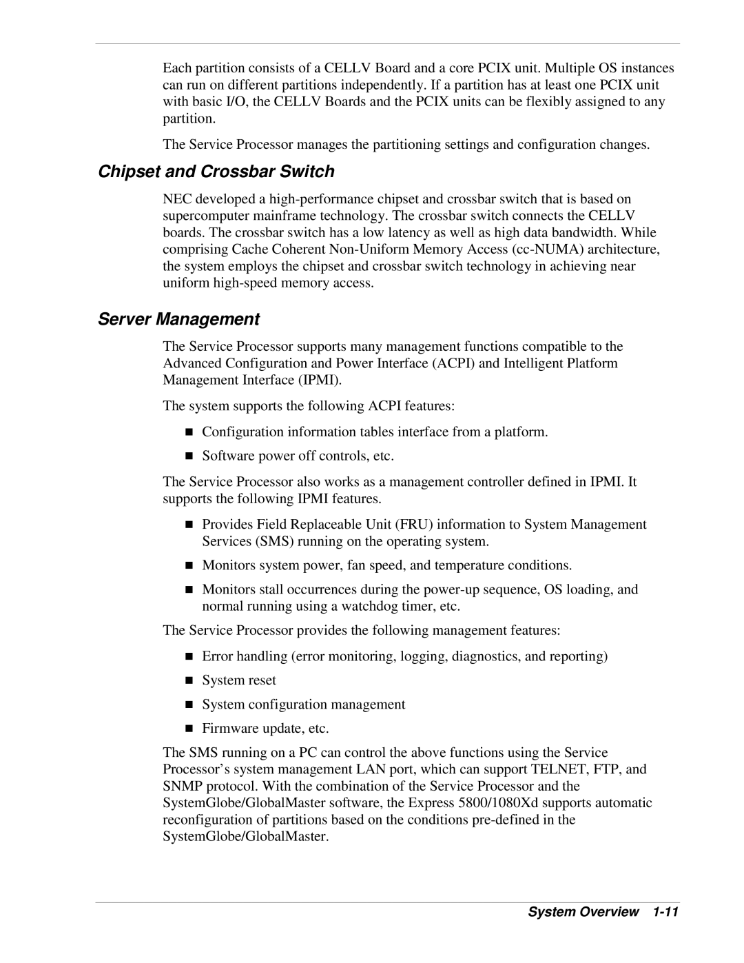 NEC 1080Xd manual Chipset and Crossbar Switch, Server Management 