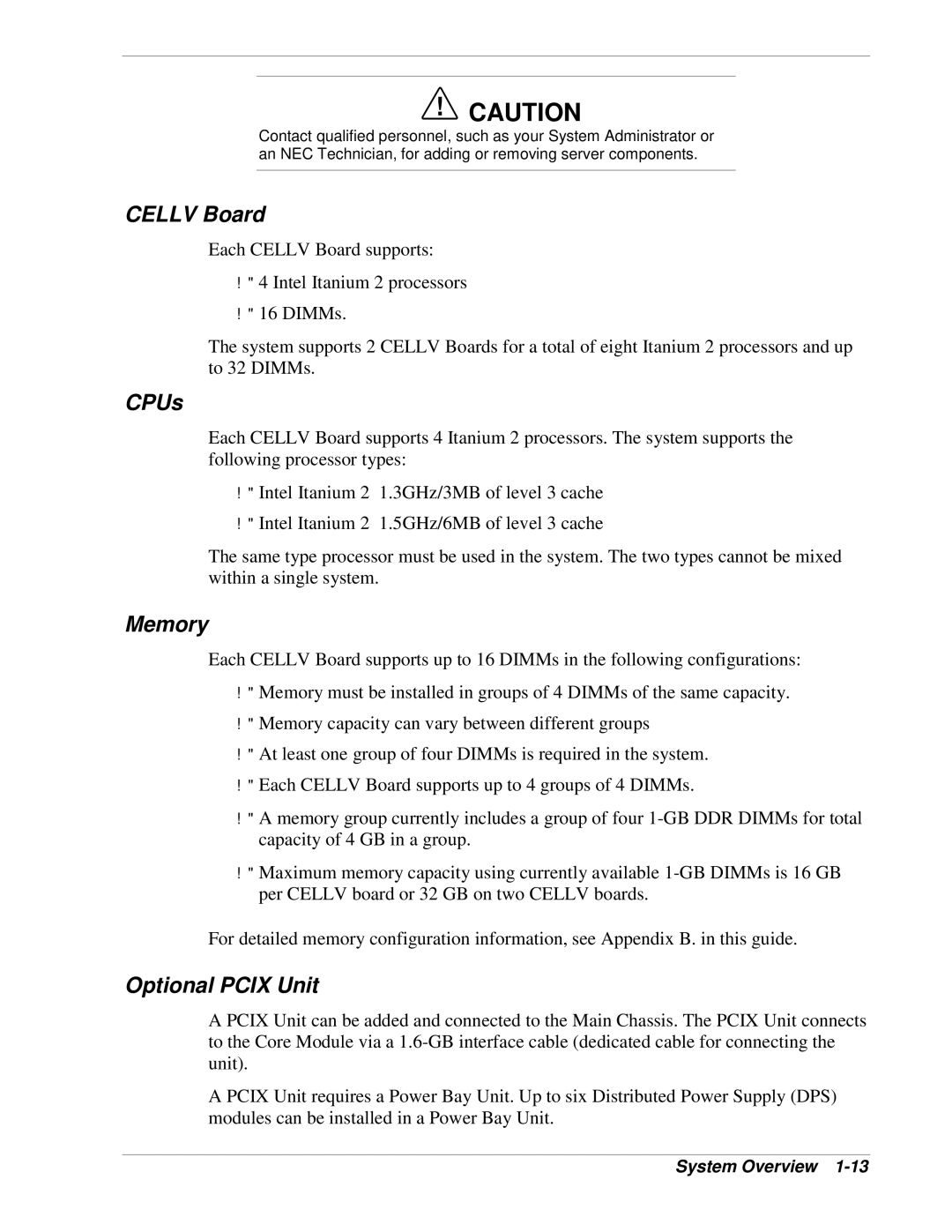 NEC 1080Xd manual Cellv Board, CPUs, Memory, Optional Pcix Unit 