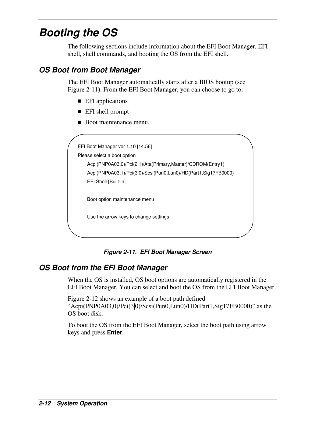 NEC 1080Xd manual Booting the OS, OS Boot from Boot Manager, OS Boot from the EFI Boot Manager 