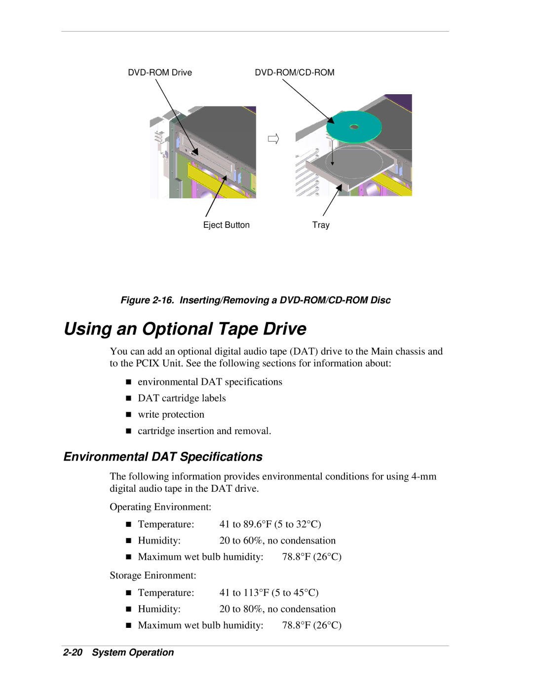 NEC 1080Xd manual Using an Optional Tape Drive, Environmental DAT Specifications 