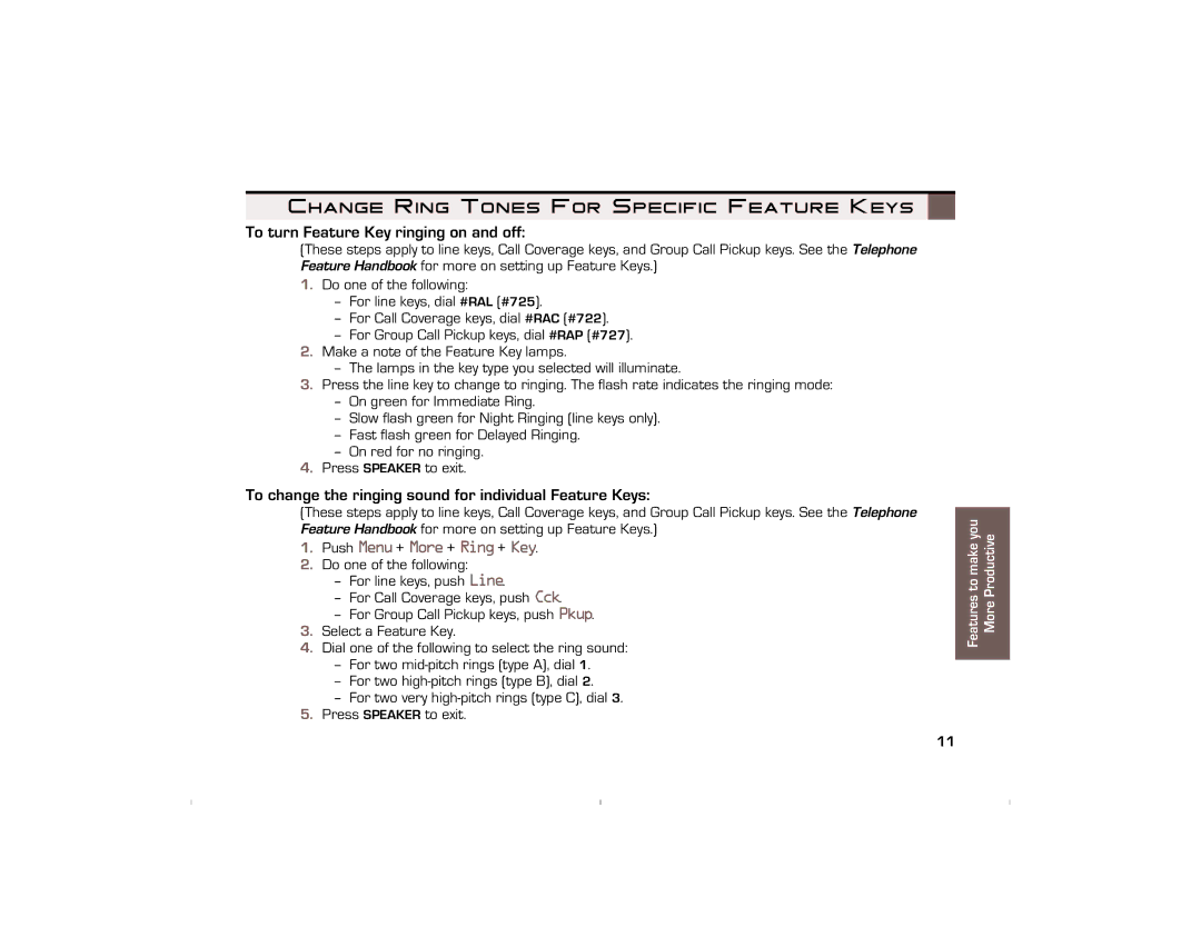 NEC 10930 95 manual Change Ring Tones For Specific Feature Keys, To turn Feature Key ringing on and off 