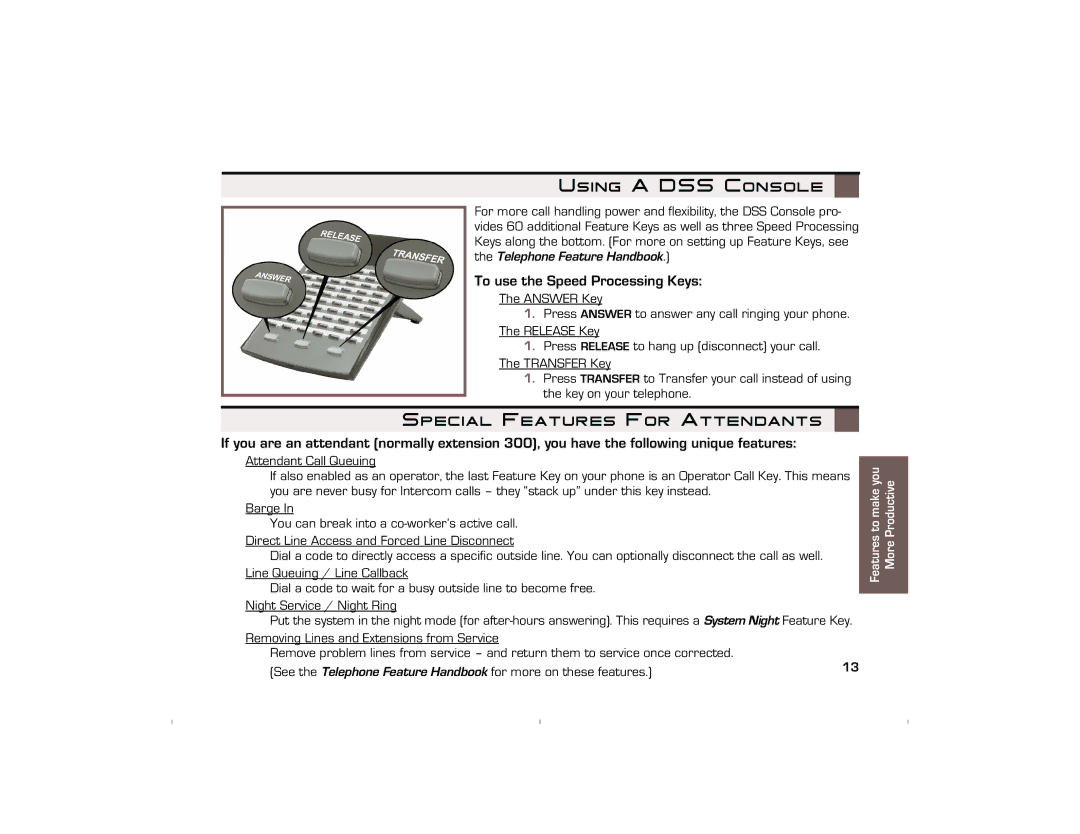 NEC 10930 95 manual Using a DSS Console, Special Features For Attendants, To use the Speed Processing Keys 