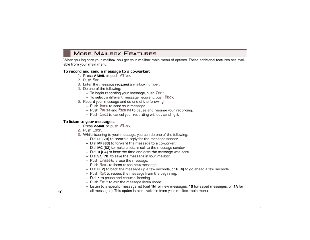 NEC 10930 95 manual More Mailbox Features, To record and send a message to a co-worker, To listen to your messages 