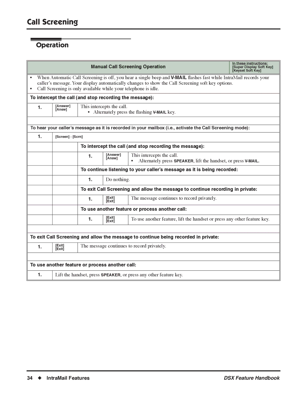 NEC 1093098 manual Manual Call Screening Operation, To intercept the call and stop recording the message 