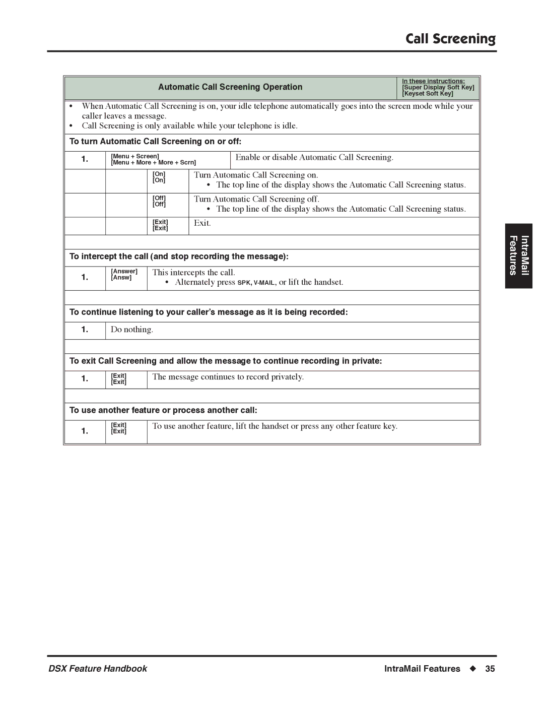 NEC 1093098 manual Automatic Call Screening Operation, To turn Automatic Call Screening on or off 