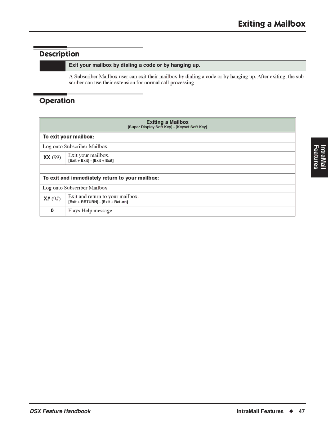 NEC 1093098 manual Exiting a Mailbox, Exit your mailbox by dialing a code or by hanging up, To exit your mailbox 