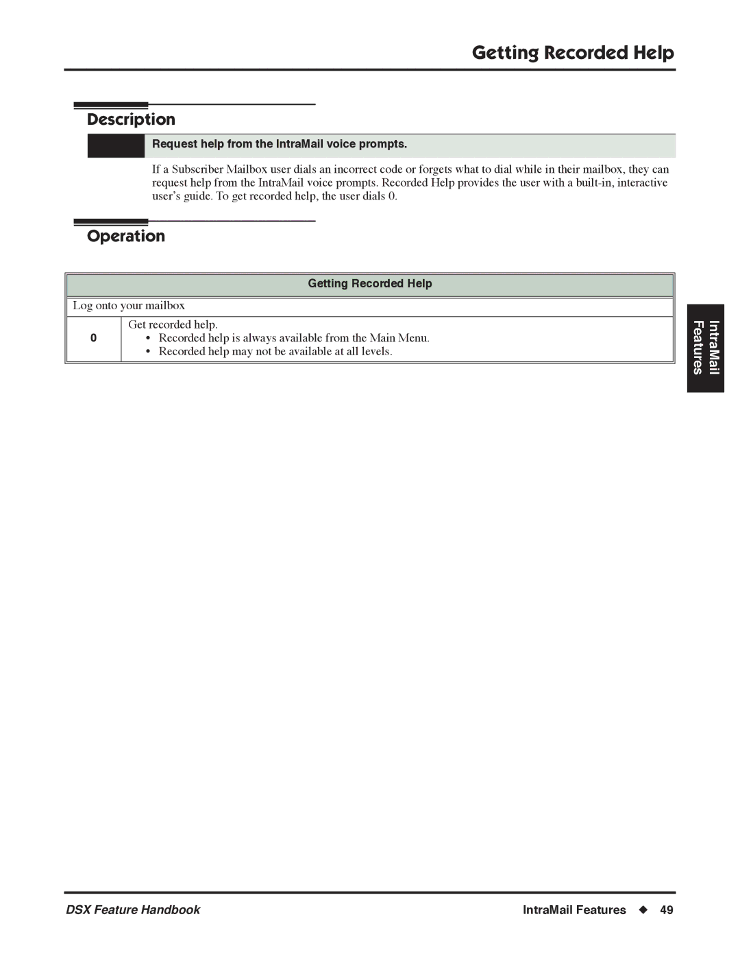 NEC 1093098 manual Getting Recorded Help, Request help from the IntraMail voice prompts 