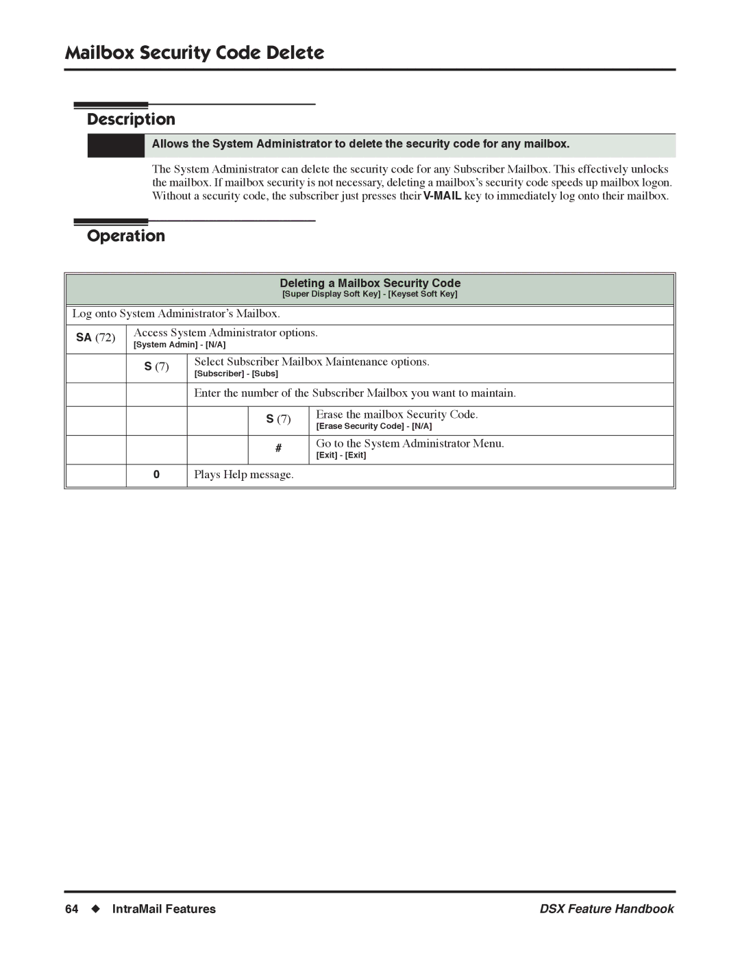 NEC 1093098 manual Mailbox Security Code Delete, Deleting a Mailbox Security Code 