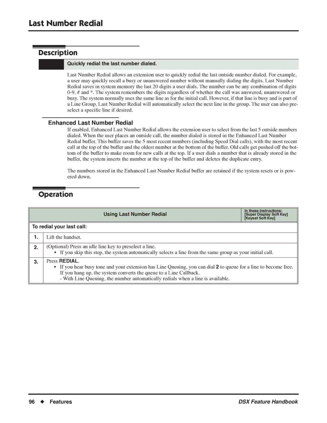 NEC 1093099 manual Enhanced Last Number Redial, Quickly redial the last number dialed, Using Last Number Redial 