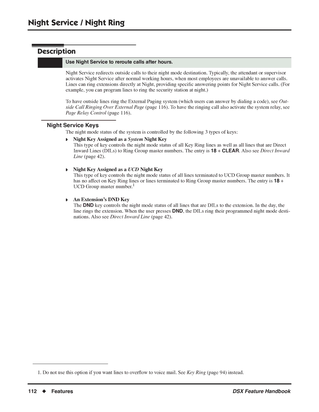 NEC 1093099 manual Night Service / Night Ring, Night Service Keys, Use Night Service to reroute calls after hours 