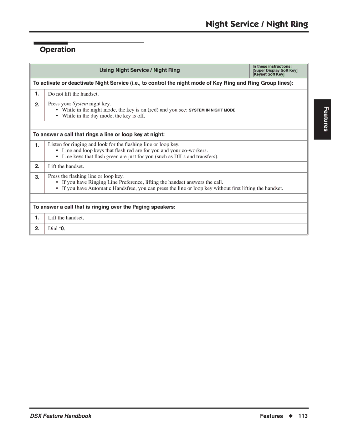 NEC 1093099 manual To answer a call that rings a line or loop key at night 