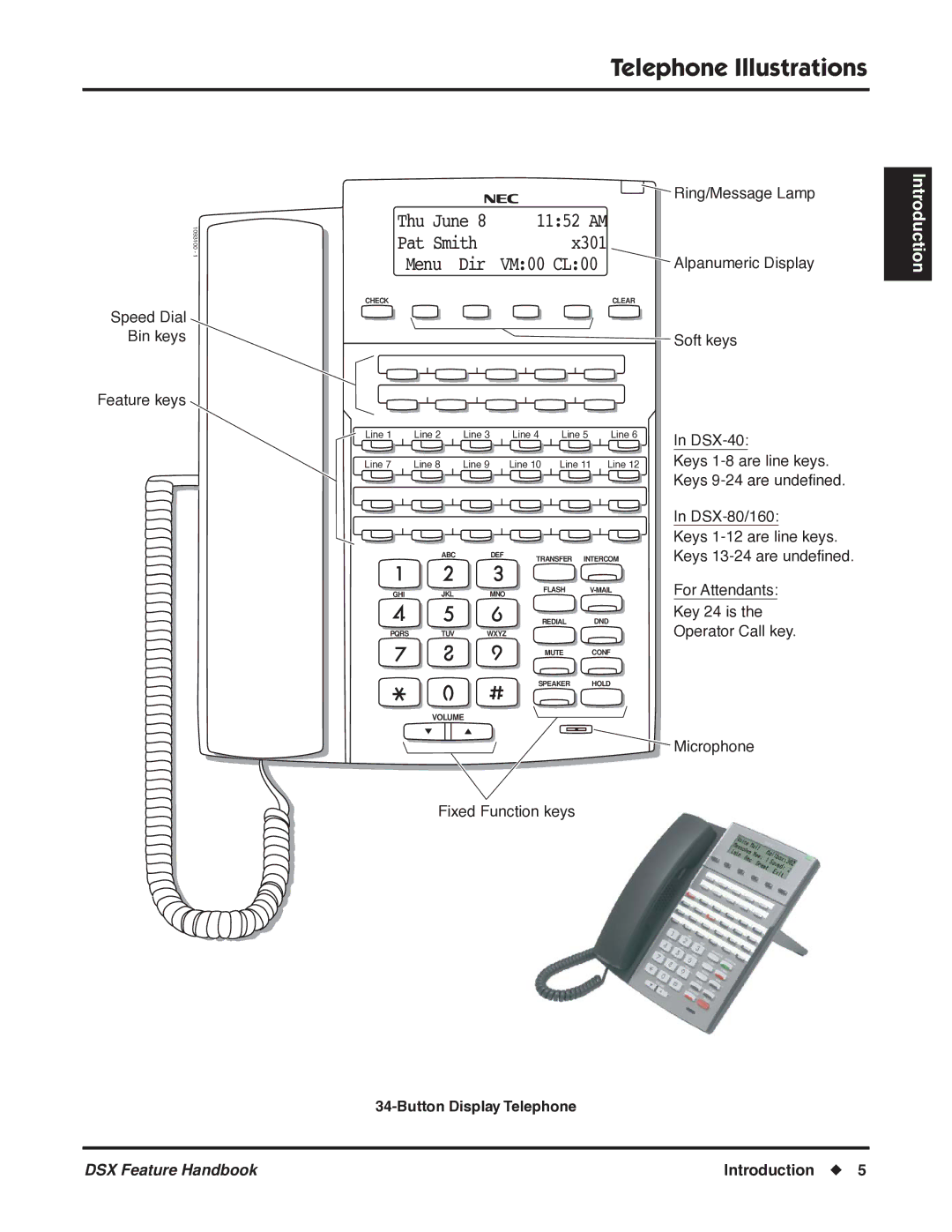 NEC 1093099 manual Speed Dial Bin keys Feature keys, Button Display Telephone 