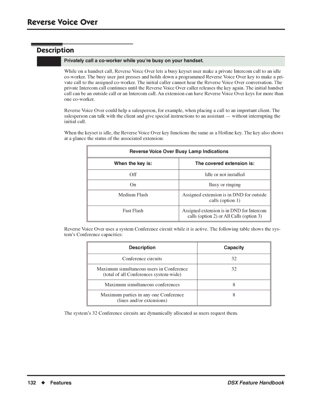 NEC 1093099 manual Reverse Voice Over, Privately call a co-worker while you’re busy on your handset 