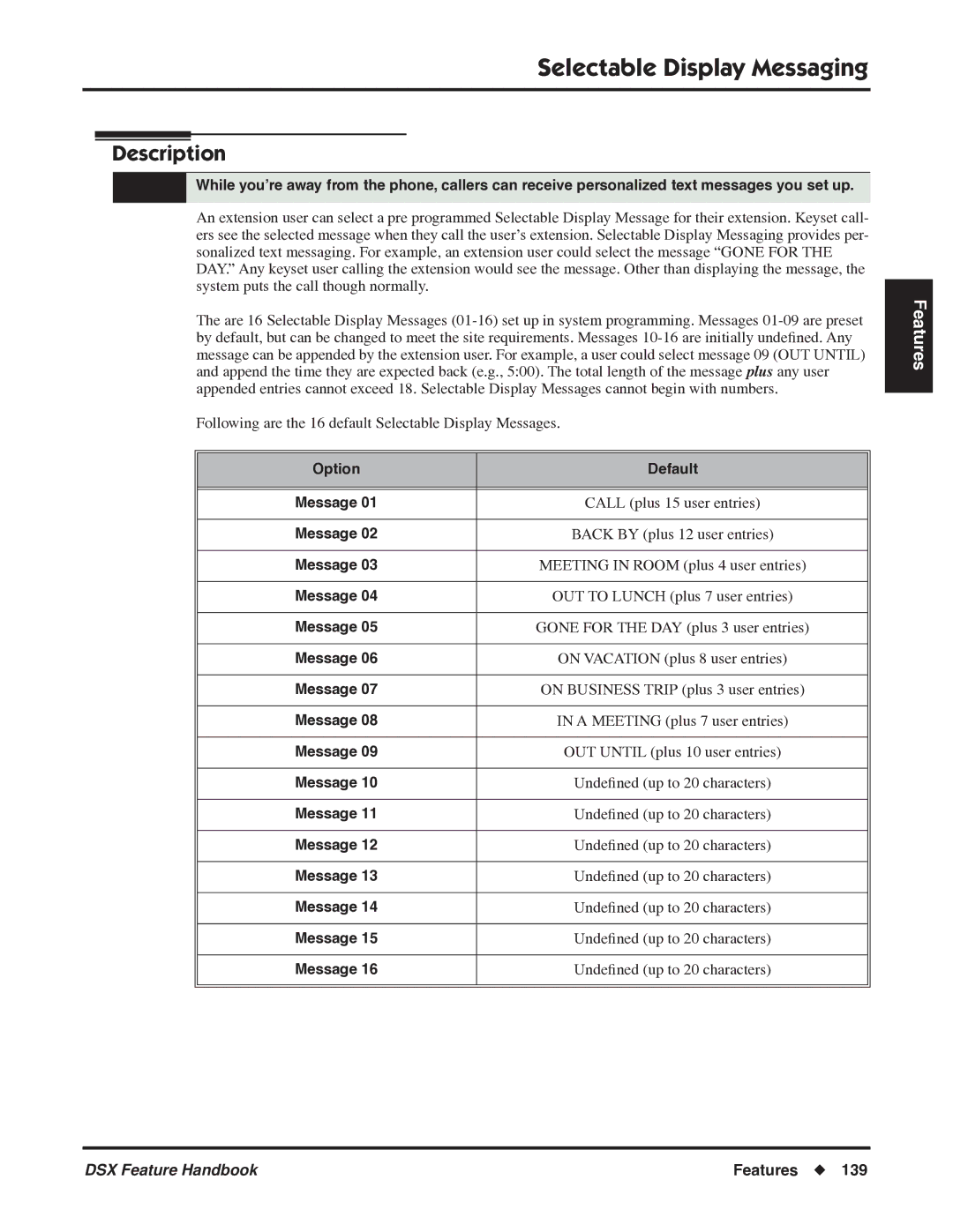 NEC 1093099 manual Selectable Display Messaging, Option Default 