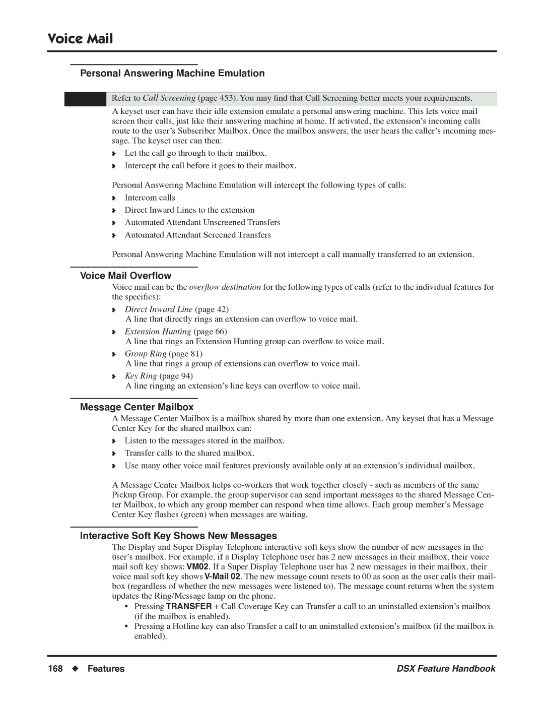 NEC 1093099 manual Personal Answering Machine Emulation, Voice Mail Overﬂow, Message Center Mailbox 