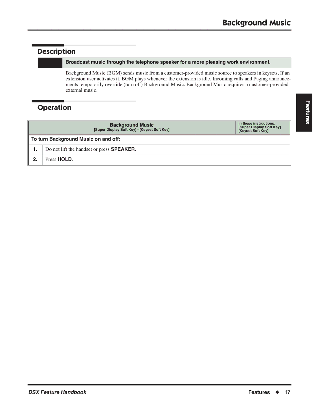 NEC 1093099 manual To turn Background Music on and off 