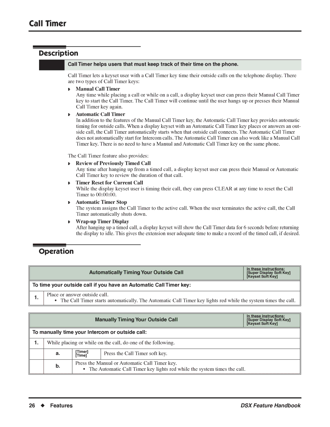 NEC 1093099 manual Call Timer, Automatically Timing Your Outside Call, Manually Timing Your Outside Call 