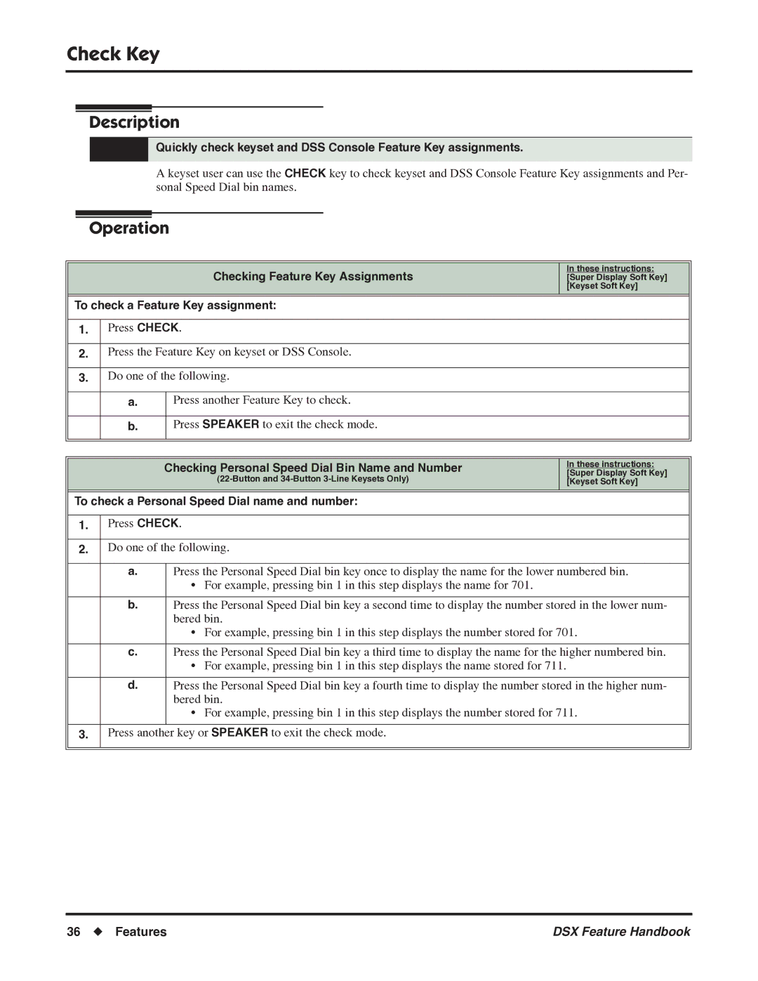 NEC 1093099 manual Check Key, Checking Feature Key Assignments, To check a Feature Key assignment 