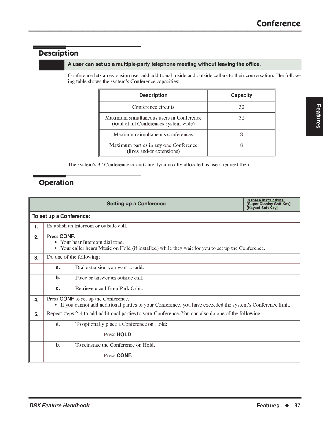 NEC 1093099 manual Description Capacity, Setting up a Conference, To set up a Conference 