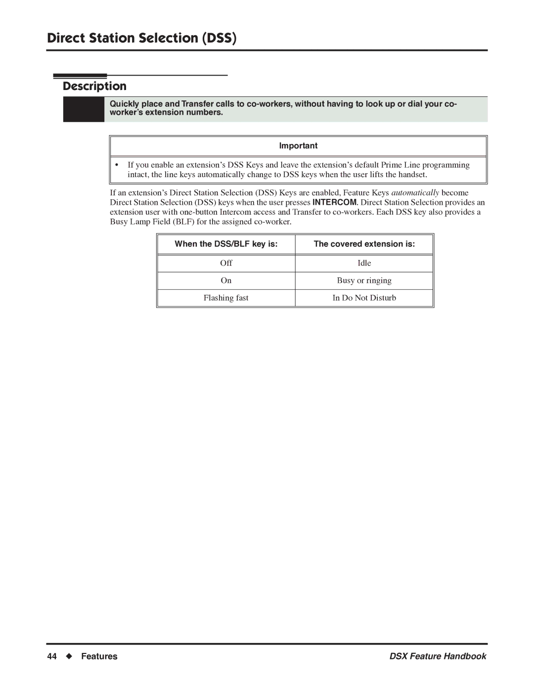 NEC 1093099 manual Direct Station Selection DSS, When the DSS/BLF key is Covered extension is 