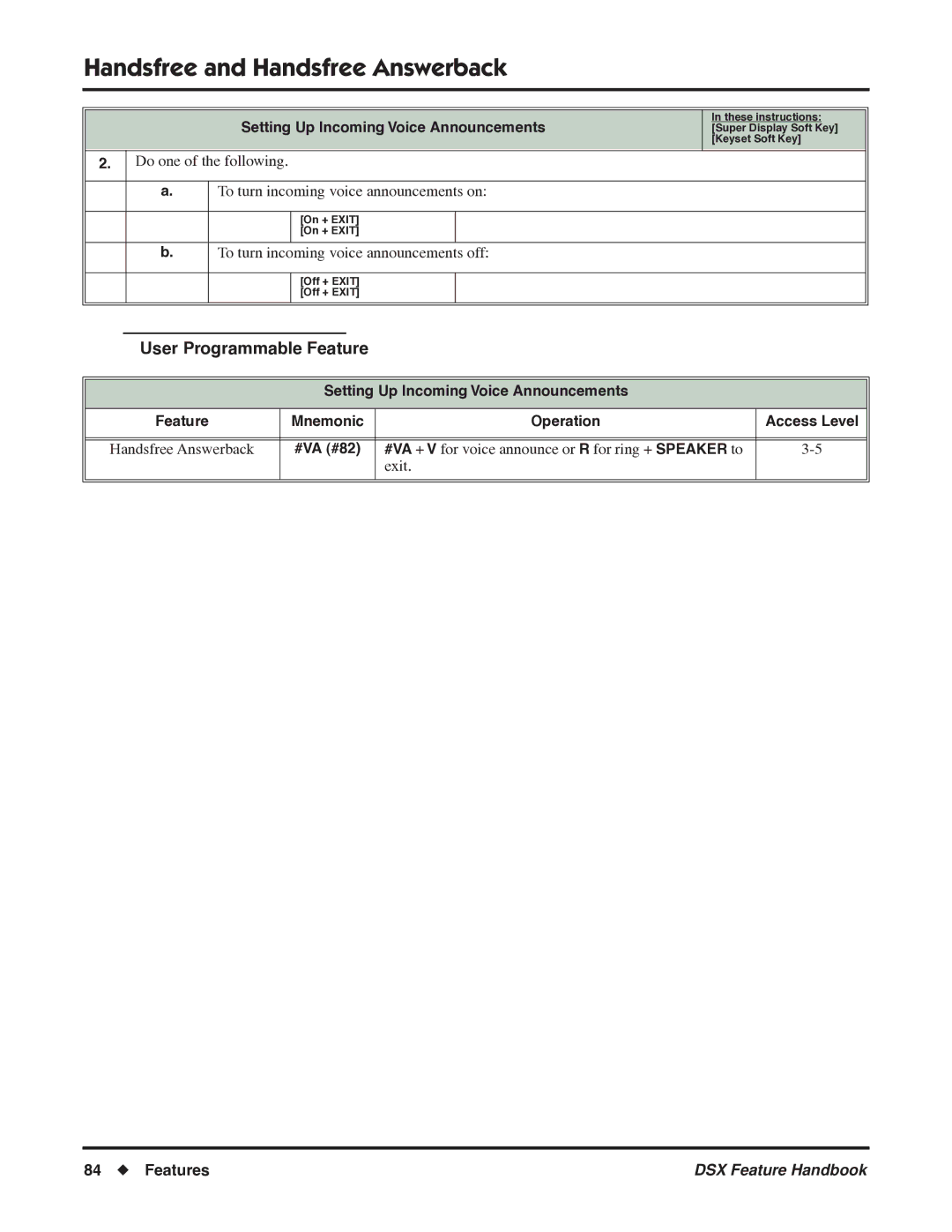 NEC 1093099 manual To turn incoming voice announcements off, #VA + V for voice announce or R for ring + Speaker to Exit 