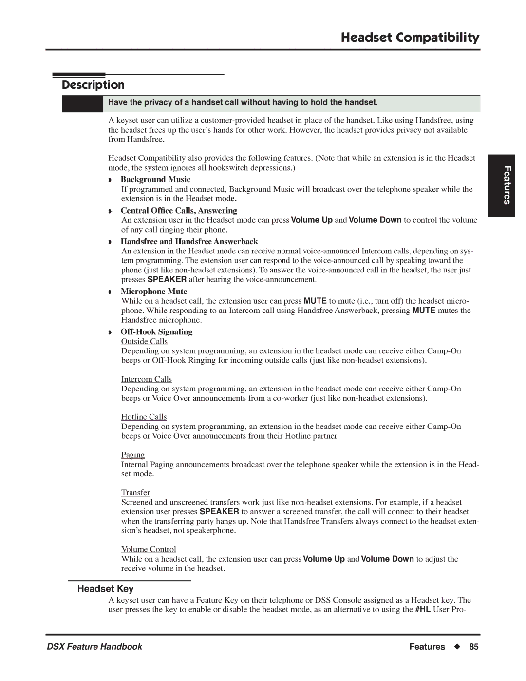 NEC 1093099 manual Headset Compatibility, Headset Key 