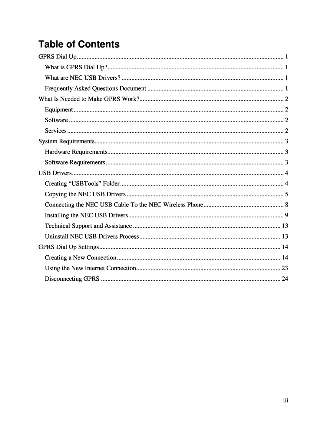 NEC 1.1 manual Table of Contents 